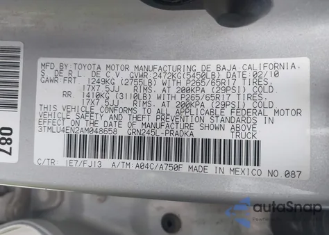 2010 Toyota Tacoma Base V6 from USA, damaged, VIN 3TMLU4EN2AM048658